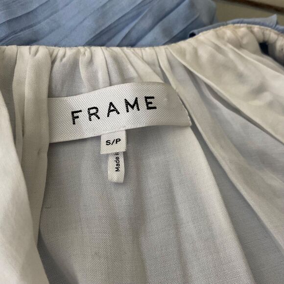 FRAME Shirred  V-Neck Puff Sleeves Midi Dress women’s S Blue part lined Tiered* - Picture 4 of 12